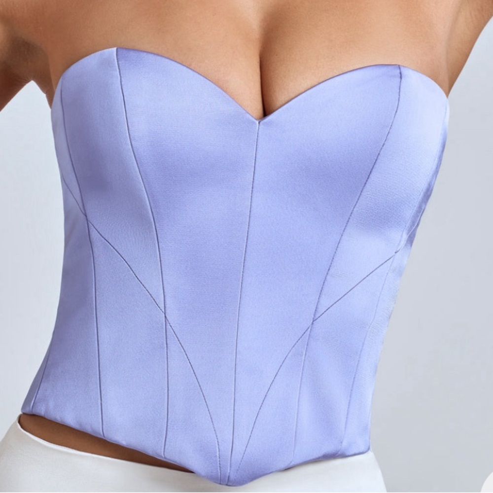 Oh Polly Strapless Lace Satin Corset in Blue Lavender